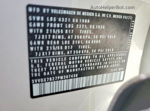 3VVDX7B27PM307436 2023 VOLKSWAGEN TAOS Белый Вид наклейки с VIN-кодом