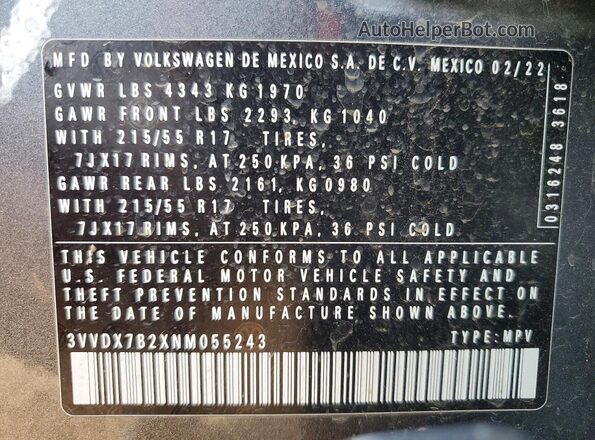 3VVDX7B2XNM055243 2022 VOLKSWAGEN TAOS Charcoal Вид підкапотного простору