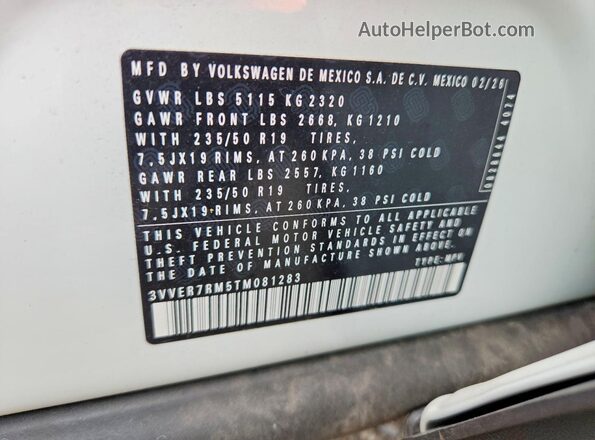 3VVER7RM5TM081283 2026 VOLKSWAGEN TIGUAN White Widok naklejki z numerem VIN
