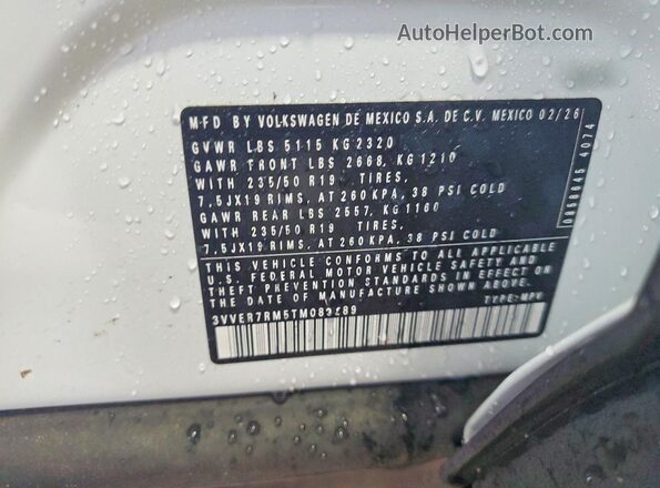 3VVER7RM5TM083289 2026 VOLKSWAGEN TIGUAN White Widok wnętrza 360 stopni