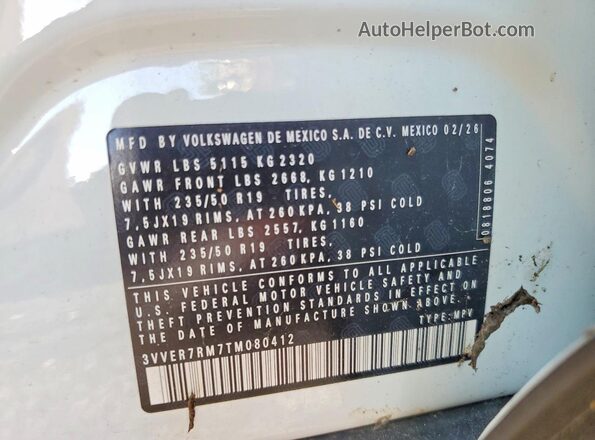 3VVER7RM7TM080412 2026 VOLKSWAGEN TIGUAN White ძრავის განყოფილების ხედი