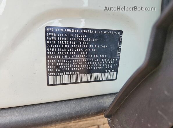3VVER7RM8SM035509 2025 VOLKSWAGEN TIGUAN White VIN sticker view