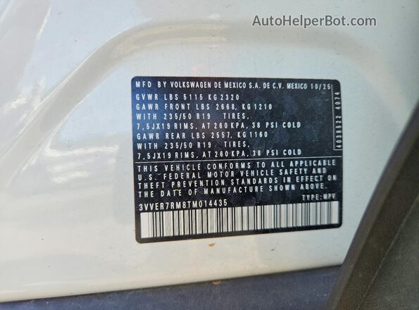 3VVER7RM8TM014435 2026 VOLKSWAGEN TIGUAN White Widok naklejki z numerem VIN