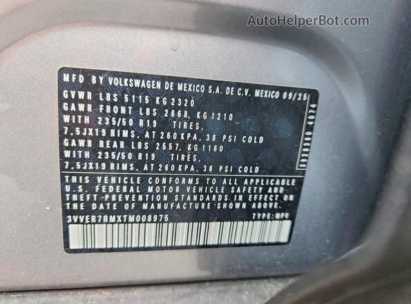 3VVER7RMXTM008975 2026 VOLKSWAGEN TIGUAN Silver Widok naklejki z numerem VIN