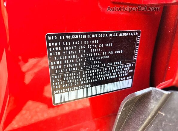 3VVEX7B22PM322995 2023 VOLKSWAGEN TAOS Красный Вид наклейки с VIN-кодом