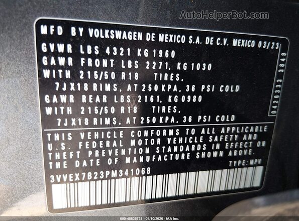 3VVEX7B23PM341068 2023 VOLKSWAGEN TAOS Серый Вид подкапотного пространства