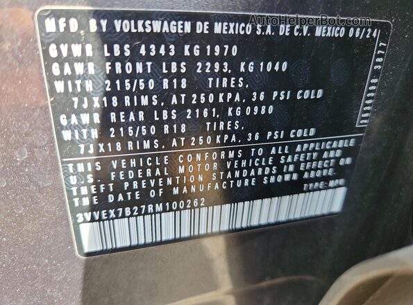 3VVEX7B27RM100262 2024 VOLKSWAGEN TAOS Gray Widok naklejki z numerem VIN