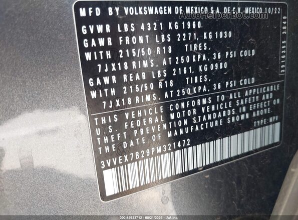 3VVEX7B29PM321472 2023 VOLKSWAGEN TAOS Gray Engine compartment view