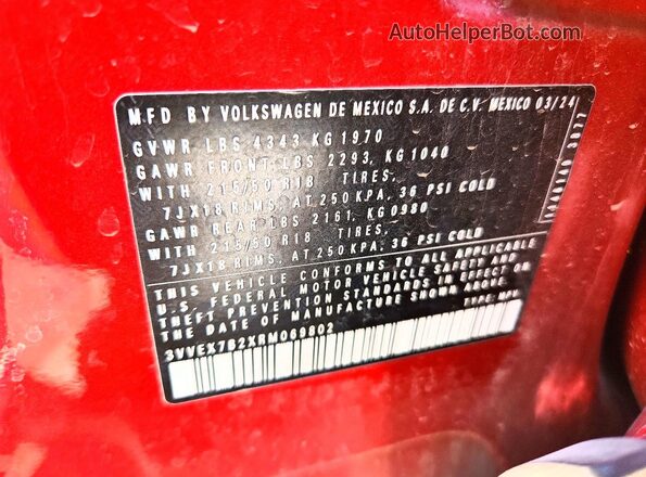 3VVEX7B2XRM069802 2024 VOLKSWAGEN TAOS Red Widok naklejki z numerem VIN