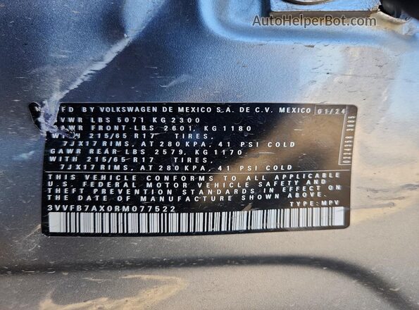 3VVFB7AX0RM077522 2024 VOLKSWAGEN TIGUAN Silver Vista de la etiqueta del VIN