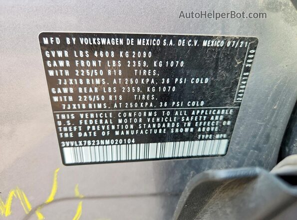 3VVLX7B23NM020104 2022 VOLKSWAGEN TAOS Серый Вид наклейки с VIN-кодом