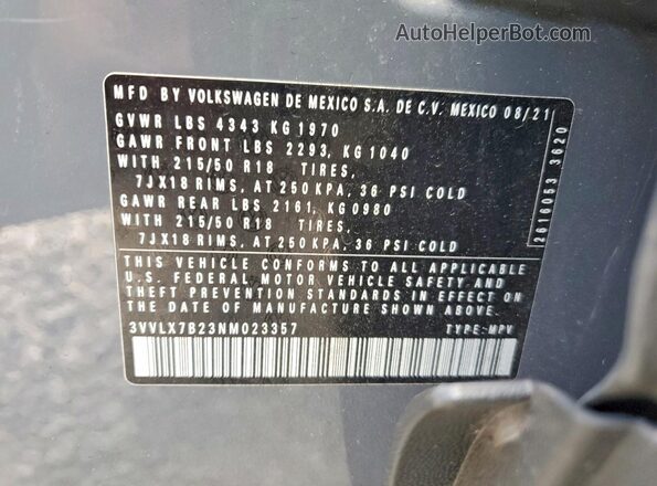 3VVLX7B23NM023357 2022 VOLKSWAGEN TAOS Gray Widok naklejki z numerem VIN