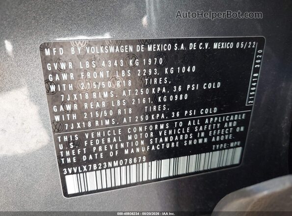 3VVLX7B23NM078679 2022 VOLKSWAGEN TAOS Gray ძრავის განყოფილების ხედი