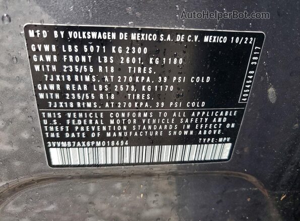 3VVMB7AX6PM018494 2023 VOLKSWAGEN TIGUAN Gray Вид наклейки з VIN-кодом