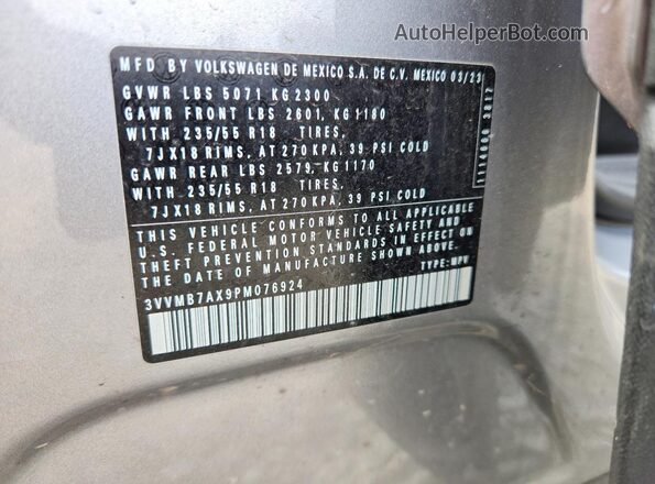 3VVMB7AX9PM076924 2023 VOLKSWAGEN TIGUAN Серебряный Панорамный вид салона 360°