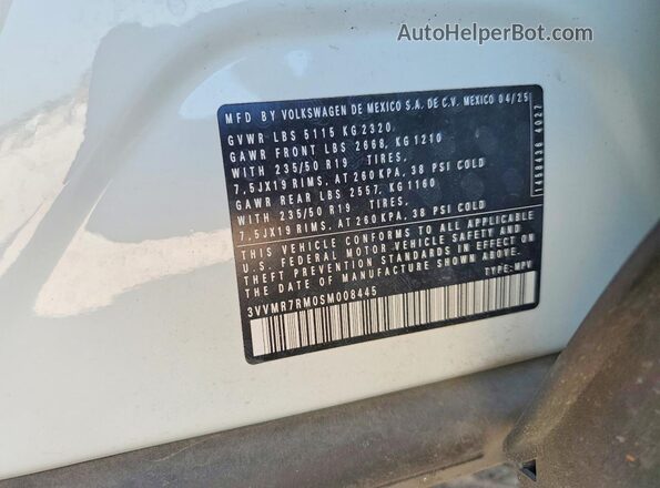 3VVMR7RM0SM008445 2025 VOLKSWAGEN TIGUAN White VIN კოდის სტიკერის ხედი