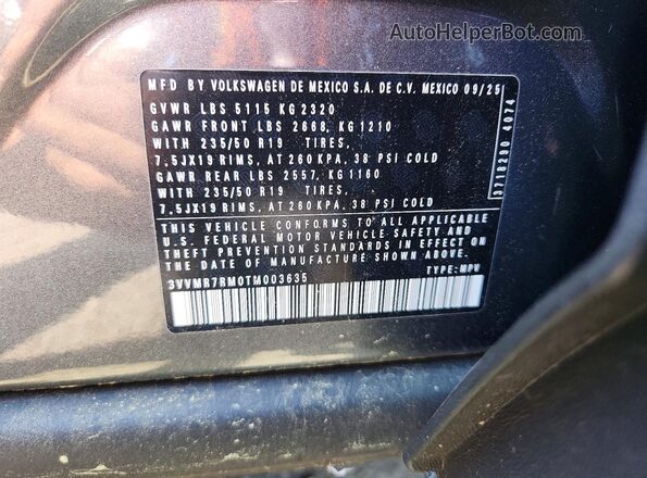 3VVMR7RM0TM003635 2026 VOLKSWAGEN TIGUAN Серый Вид наклейки с VIN-кодом