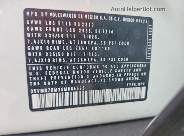 3VVMR7RM3SM065593 2025 VOLKSWAGEN TIGUAN White VIN კოდის სტიკერის ხედი