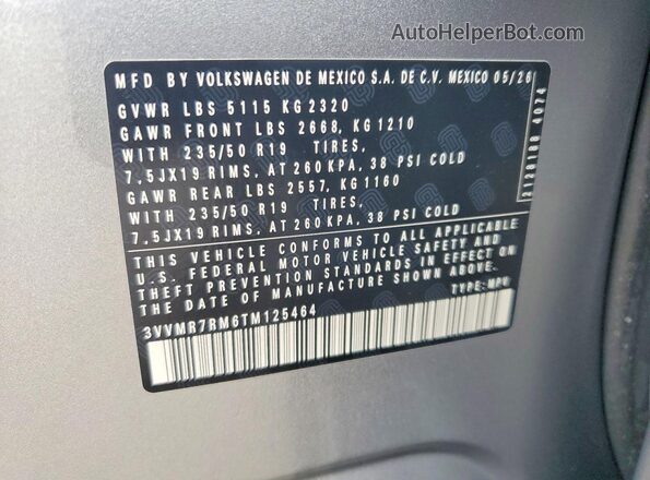 3VVMR7RM6TM125464 2026 VOLKSWAGEN TIGUAN Silver VIN կոդի պիտակի տեսք