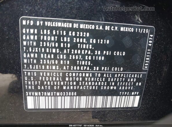 3VVMR7RMXTM033886 2026 VOLKSWAGEN TIGUAN Black Вид підкапотного простору