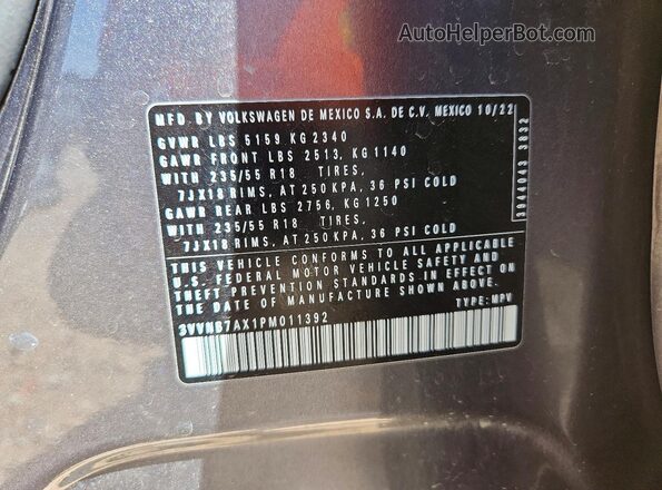 3VVNB7AX1PM011392 2023 VOLKSWAGEN TIGUAN Gray Vista de la etiqueta del VIN