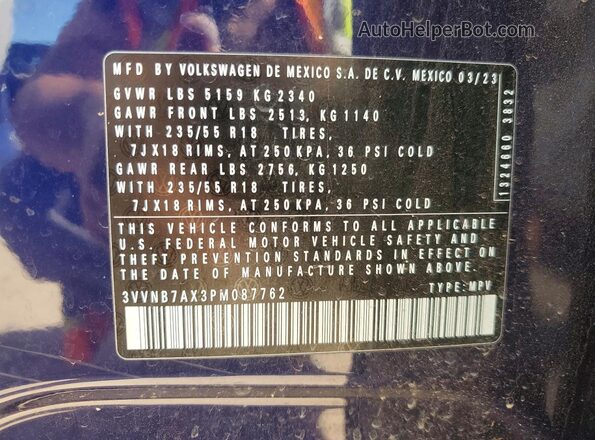 3VVNB7AX3PM087762 2023 VOLKSWAGEN TIGUAN Blue VIN sticker view