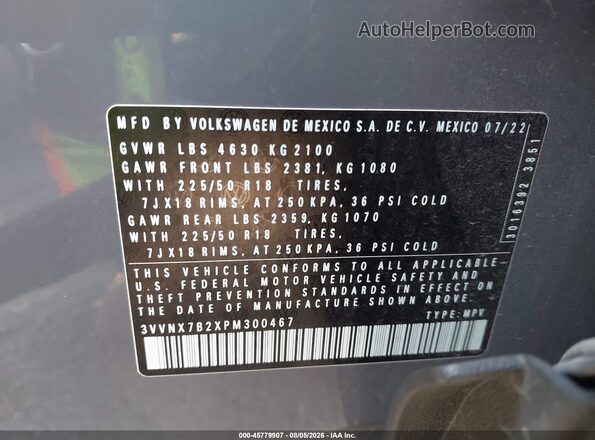 3VVNX7B2XPM300467 2023 VOLKSWAGEN TAOS Gray Вид підкапотного простору
