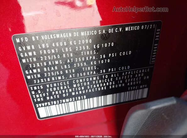3VVPX7B27NM021919 2022 VOLKSWAGEN TAOS Red Vista del compartimento del motor