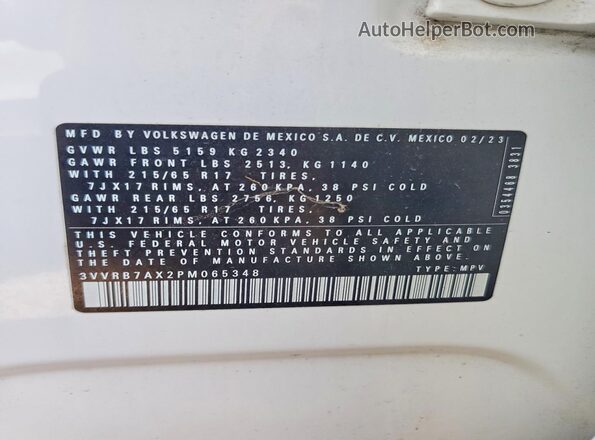3VVRB7AX2PM065348 2023 VOLKSWAGEN TIGUAN White Շարժիչի բաժամունքի տեսք