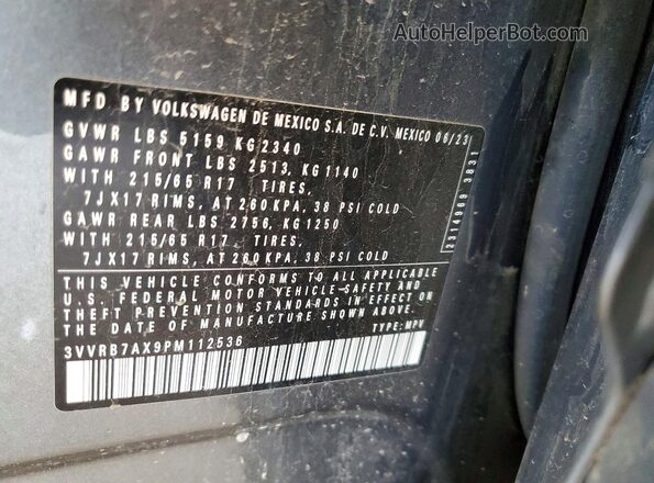 3VVRB7AX9PM112536 2023 VOLKSWAGEN TIGUAN Gray VIN კოდის სტიკერის ხედი