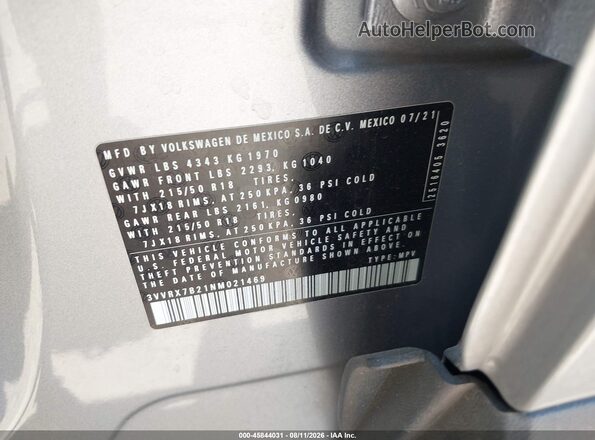 3VVRX7B21NM021469 2022 VOLKSWAGEN TAOS Silver ძრავის განყოფილების ხედი