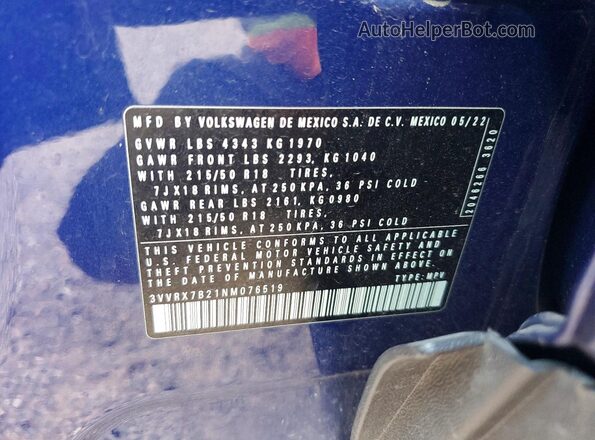 3VVRX7B21NM076519 2022 VOLKSWAGEN TAOS Синий Вид наклейки с VIN-кодом