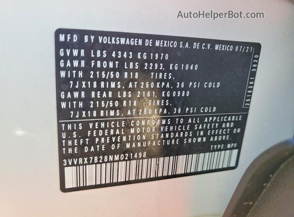 3VVRX7B28NM021498 2022 VOLKSWAGEN TAOS White Вид наклейки з VIN-кодом