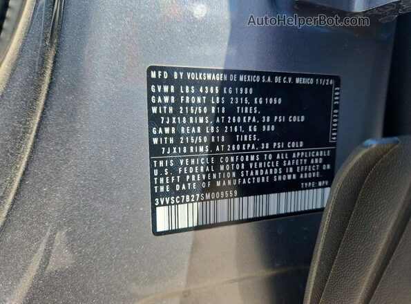3VVSC7B27SM009559 2025 VOLKSWAGEN TAOS Silver VIN კოდის სტიკერის ხედი