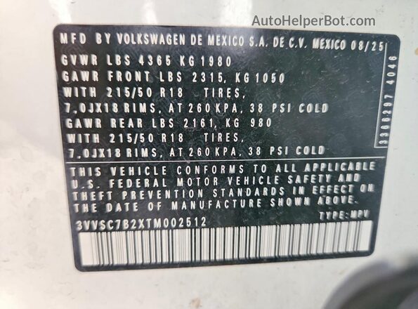 3VVSC7B2XTM002512 2026 VOLKSWAGEN TAOS White VIN sticker view