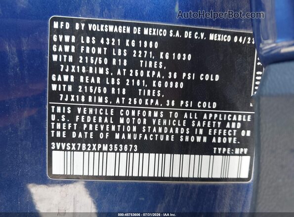 3VVSX7B2XPM353673 2023 VOLKSWAGEN TAOS Blue Вид підкапотного простору