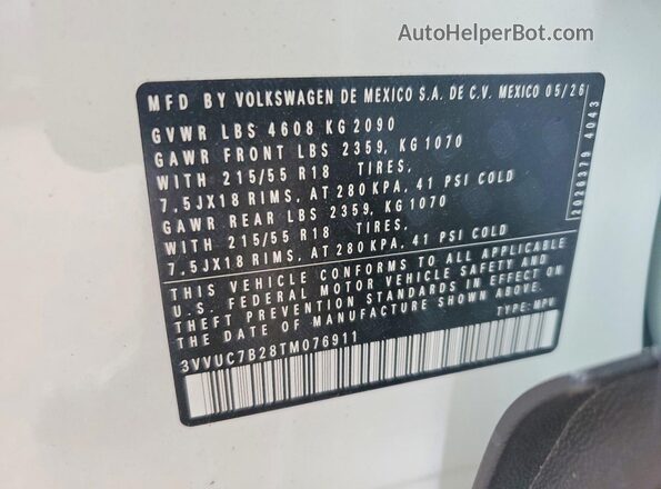 3VVUC7B28TM076911 2026 VOLKSWAGEN TAOS White VIN sticker view