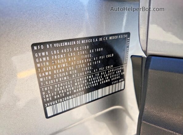 3VVUX7B20RM067777 2024 VOLKSWAGEN TAOS Silver Vista de la etiqueta del VIN