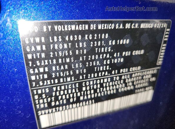3VVVX7B23RM065431 2024 VOLKSWAGEN TAOS Blue Widok naklejki z numerem VIN