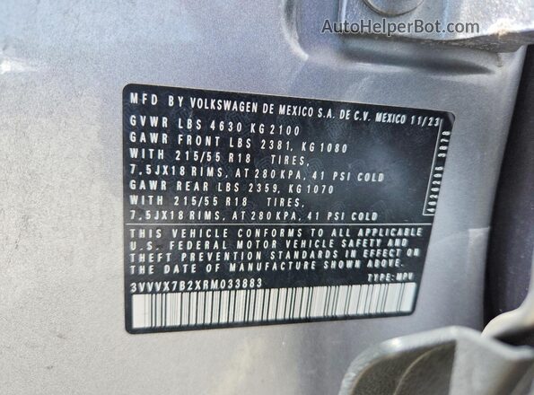3VVVX7B2XRM033883 2024 VOLKSWAGEN TAOS Silver Widok naklejki z numerem VIN