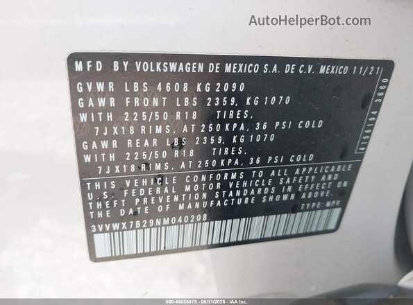 3VVWX7B29NM040208 2022 VOLKSWAGEN TAOS White ძრავის განყოფილების ხედი