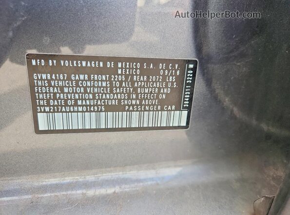 3VW217AU6HM014975 2017 VOLKSWAGEN GOLF Серый Вид подкапотного пространства