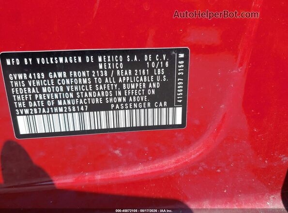 3VW2B7AJ1HM258147 2017 VOLKSWAGEN JETTA Red Engine compartment view