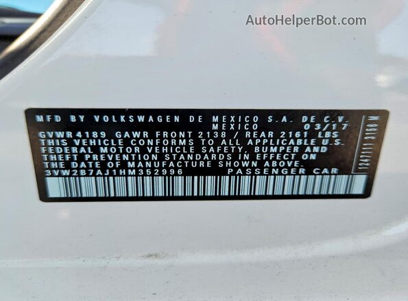 3VW2B7AJ1HM352996 2017 VOLKSWAGEN JETTA Белый Вид наклейки с VIN-кодом