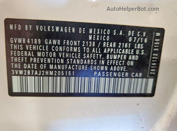 3VW2B7AJ2HM205151 2017 VOLKSWAGEN JETTA White Widok komory silnika