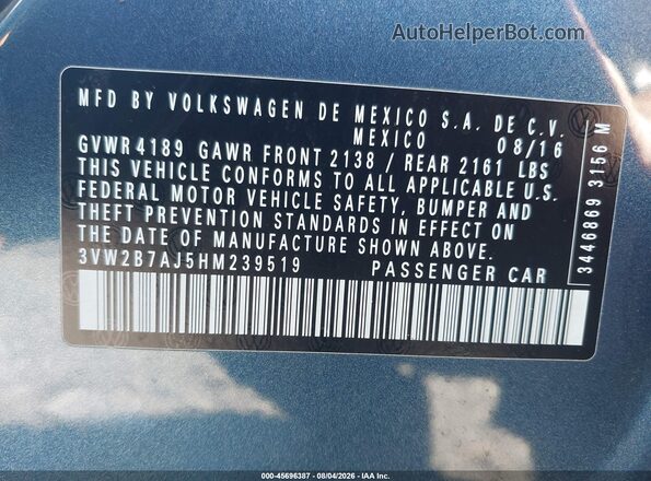 3VW2B7AJ5HM239519 2017 VOLKSWAGEN JETTA Синий Вид подкапотного пространства