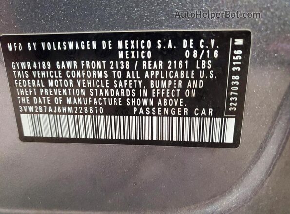 3VW2B7AJ6HM228870 2017 VOLKSWAGEN JETTA Gray Engine compartment view