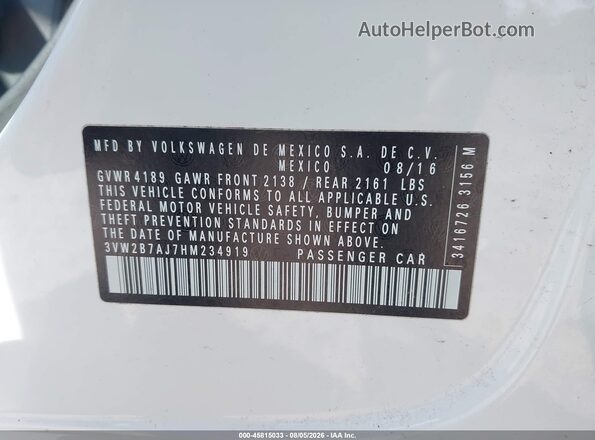 3VW2B7AJ7HM234919 2017 VOLKSWAGEN JETTA White Vista del compartimento del motor