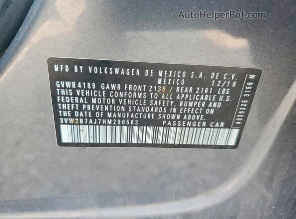 3VW2B7AJ7HM296563 2017 VOLKSWAGEN JETTA Серебряный Вид наклейки с VIN-кодом