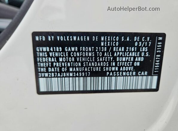 3VW2B7AJ8HM349917 2017 VOLKSWAGEN JETTA White ძრავის განყოფილების ხედი